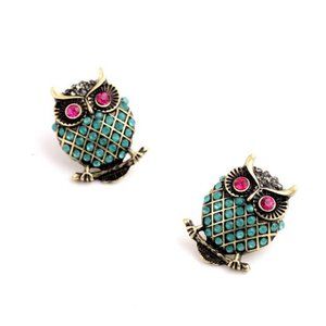 3x Boho Vintage Owl Gold Stud Earrings